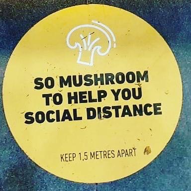 Floor decal that says, so mushroom to help you social distance