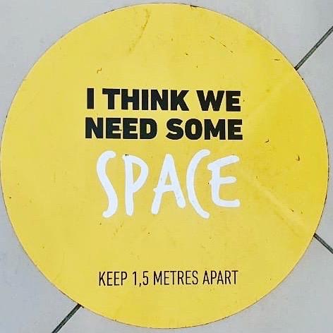 Floor decal that says: I think we need some space