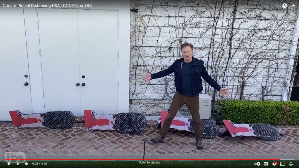 YouTube screenshot of Conan O'Brien showing four Kevin Hart cutouts