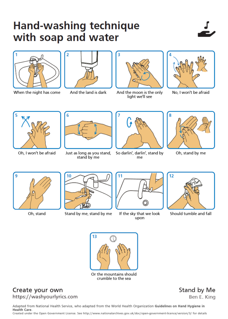 Handwashing how-to guide set to the lyrics of Stand By Me, by Ben E. King