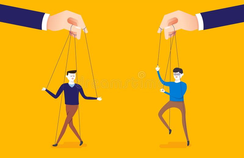 Two people being held by strings like puppets with hands controlling them