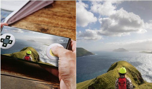 Image of smartphone on left in a video game mode with picture of visitor to the Faroe Islands on the right side.